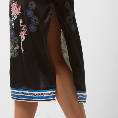 Black oriental print midi skirt